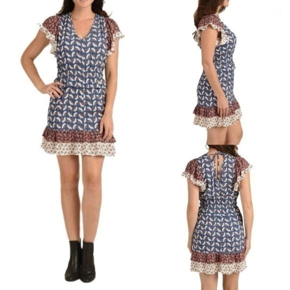 DR2 Printed Ruffle Sleeve Mini Dress | Women XS | Blue